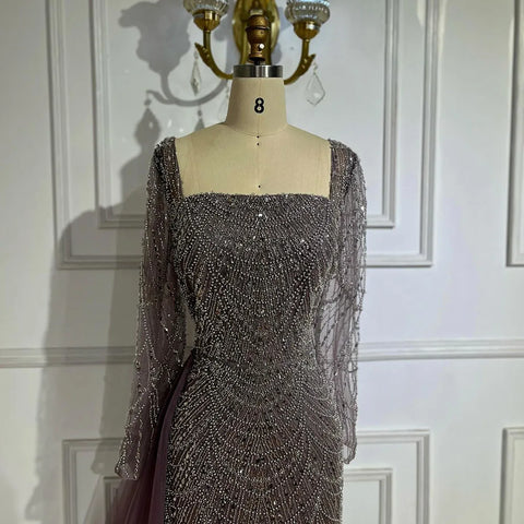 Elegant Arabic Purple Mermaid Beaded Evening Gown with Tulle Overskirt for Women | Wedding Party 2025 LA72032F