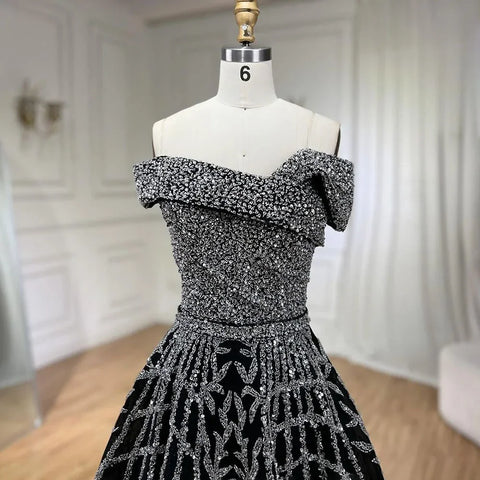 Elegant Black Beaded A-Line Evening Gown 2025 - Off-Shoulder Luxury Dress for Women - Long Party Dress LA72224