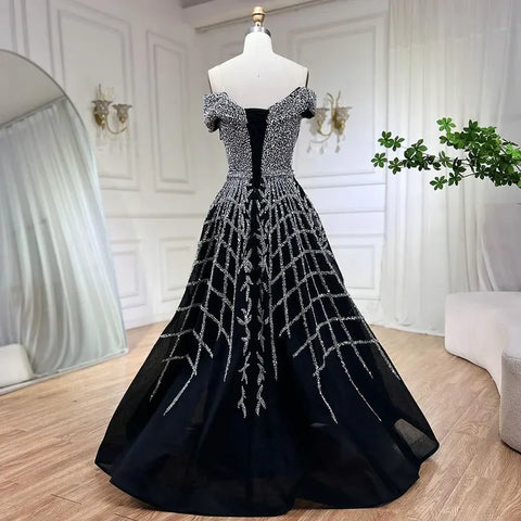 Elegant Black Beaded A-Line Evening Gown 2025 - Off-Shoulder Luxury Dress for Women - Long Party Dress LA72224
