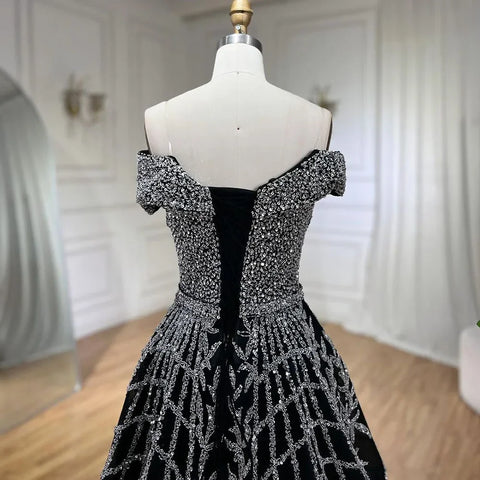 Elegant Black Beaded A-Line Evening Gown 2025 - Off-Shoulder Luxury Dress for Women - Long Party Dress LA72224