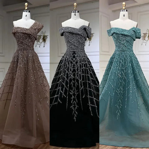 Elegant Black Beaded A-Line Evening Gown 2025 - Off-Shoulder Luxury Dress for Women - Long Party Dress LA72224