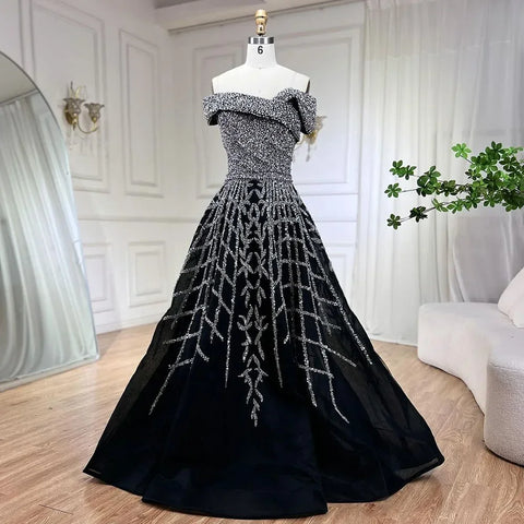 Elegant Black Beaded A-Line Evening Gown 2025 - Off-Shoulder Luxury Dress for Women - Long Party Dress LA72224