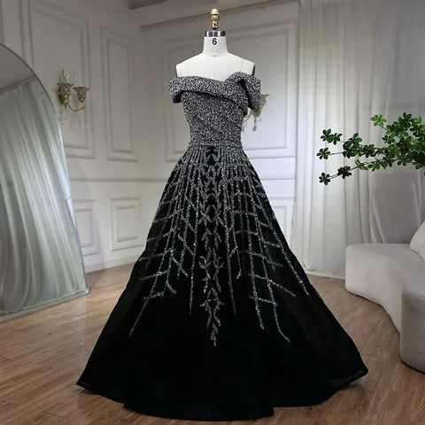 Elegant Black Beaded A-Line Evening Gown 2025 - Off-Shoulder Luxury Dress for Women - Long Party Dress LA72224
