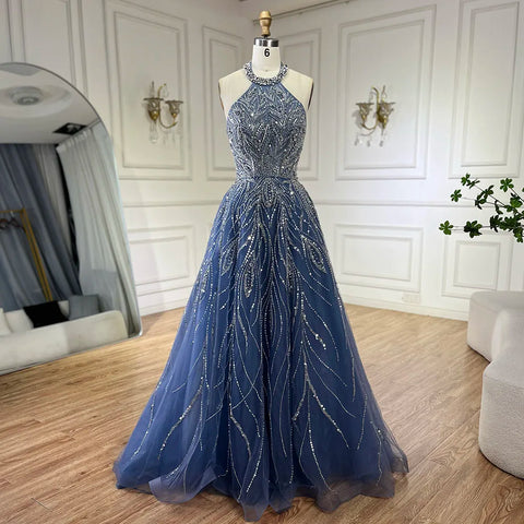 Elegant Blue Arabic A-line Halter Gown Luxury Dubai Evening Dress for Women Wedding Party 2025 LA72302