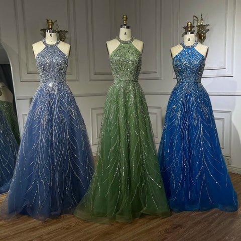 Elegant Blue Arabic A-line Halter Gown Luxury Dubai Evening Dress for Women Wedding Party 2025 LA72302
