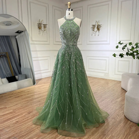 Elegant Blue Arabic A-line Halter Gown Luxury Dubai Evening Dress for Women Wedding Party 2025 LA72302
