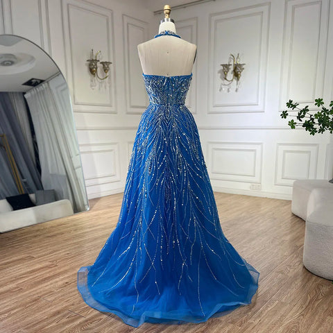 Elegant Blue Arabic A-line Halter Gown Luxury Dubai Evening Dress for Women Wedding Party 2025 LA72302