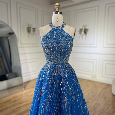 Elegant Blue Arabic A-line Halter Gown Luxury Dubai Evening Dress for Women Wedding Party 2025 LA72302