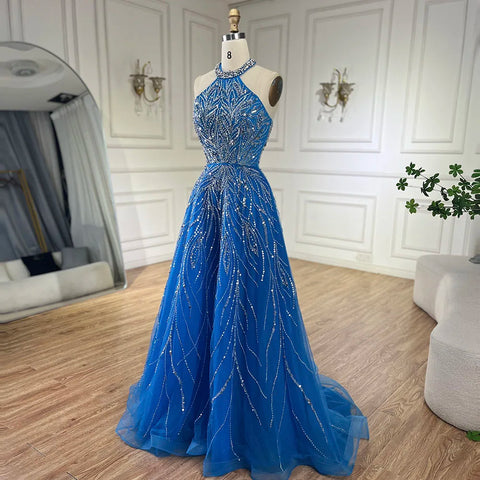 Elegant Blue Arabic A-line Halter Gown Luxury Dubai Evening Dress for Women Wedding Party 2025 LA72302