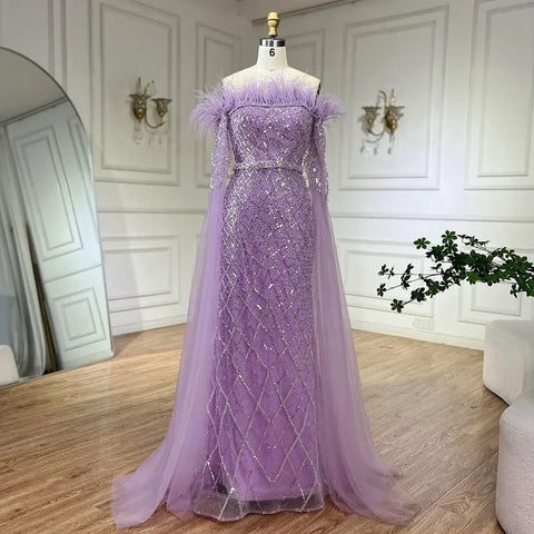 Elegant Cape Sleeves Mermaid Evening Dresses Gowns Luxury Feathers Beaded 2025 For Women Wedding Party LA72169B
