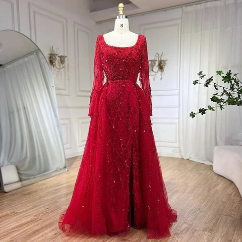 Elegante vestido largo de noche verde estilo sirena con abertura lateral, lujoso, con cuentas, estilo Dubái, colección 2025, para mujer, ideal para bodas y fiestas (LA70765L). 