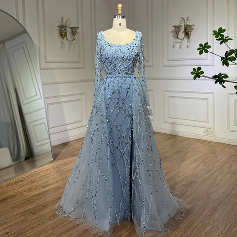 Elegante vestido largo de noche verde estilo sirena con abertura lateral, lujoso, con cuentas, estilo Dubái, colección 2025, para mujer, ideal para bodas y fiestas (LA70765L). 