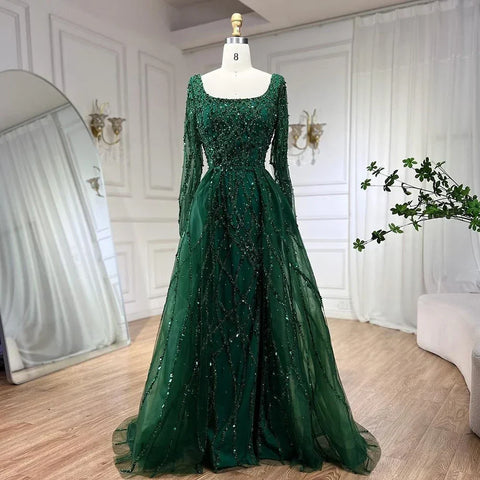 Elegante vestido largo de noche verde estilo sirena con abertura lateral, lujoso, con cuentas, estilo Dubái, colección 2025, para mujer, ideal para bodas y fiestas (LA70765L). 