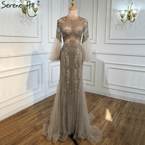 Elegant Grey Mermaid Luxury Long Sleeves 2025 Beading Party Wear Fromal Evening  Dress Gowns For  Women LA70289