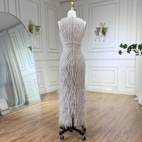 Elegant Black & White Feather  Midi  Evening Dresses  LA72076