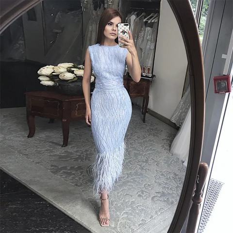 Elegant Black & White Feather  Midi  Evening Dresses  LA72076