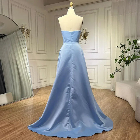 Elegant Blue Satin Arabic Evening Dress Luxury Crystal Side Slit LA71847