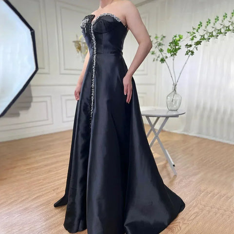 Elegant Blue Satin Arabic Evening Dress Luxury Crystal Side Slit LA71847
