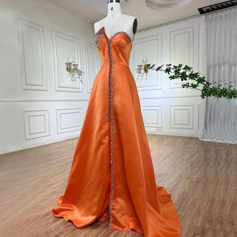 Elegant Blue Satin Arabic Evening Dress Luxury Crystal Side Slit LA71847