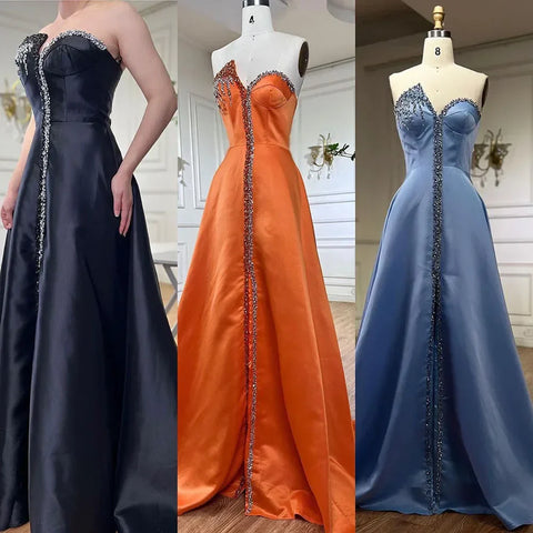Elegant Blue Satin Arabic Evening Dress Luxury Crystal Side Slit LA71847