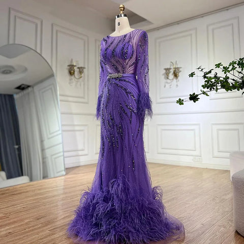 Elegant Mermaid Evening Dress Arabic Purple Beaded Feathers | Luxury Gown for Women's Wedding Party 2025 LA72367