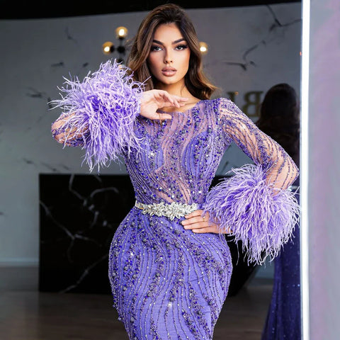 Elegant Mermaid Evening Dress Arabic Purple Beaded Feathers | Luxury Gown for Women's Wedding Party 2025 LA72367