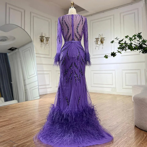 Elegant Mermaid Evening Dress Arabic Purple Beaded Feathers | Luxury Gown for Women's Wedding Party 2025 LA72367