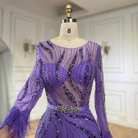 Elegant Mermaid Evening Dress Arabic Purple Beaded Feathers | Luxury Gown for Women's Wedding Party 2025 LA72367