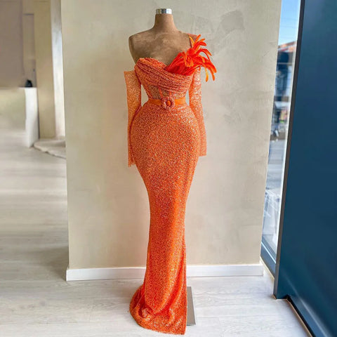 Elegant Orange Mermaid Evening Gown with Beaded  Luxury Dubai Dresses for Woman's Wedding Party 2025 LA72319