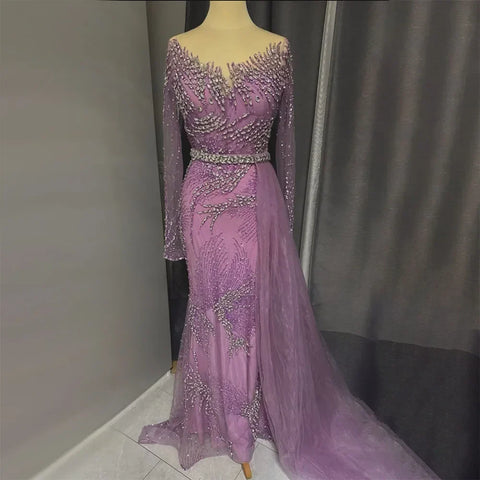 Elegant Purple Mermaid Evening Gowns with Beaded Skirt and Lace-up Detail for Women's Wedding Party 2025 LA72376