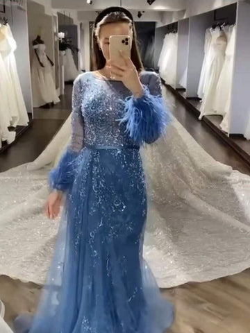 Evening Dress Long  Wine Red  Mermaid Dress  Beaded Feathers With Cloak Party Gown Women Party  LA70827