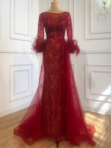 Evening Dress Long  Wine Red  Mermaid Dress  Beaded Feathers With Cloak Party Gown Women Party  LA70827