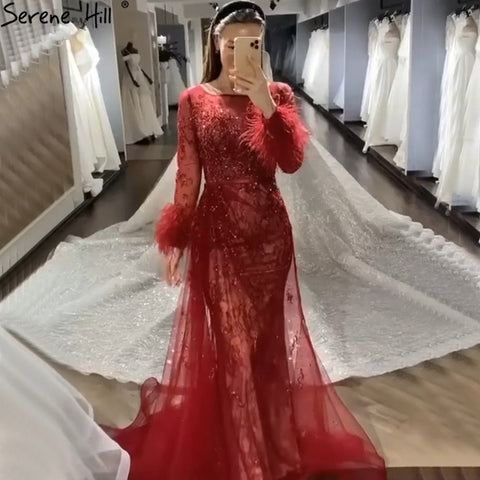 Evening Dress Long  Wine Red  Mermaid Dress  Beaded Feathers With Cloak Party Gown Women Party  LA70827