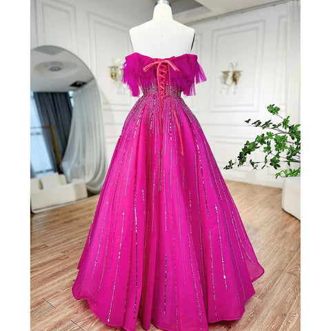 Luxury Dubai Ball Gown Fuchsia Evening Dress for Women Wedding LA72162