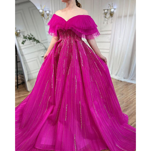 Vestido de noche de lujo fucsia corte A, escote barco, con cuentas, para mujer, modelo LA72162A 