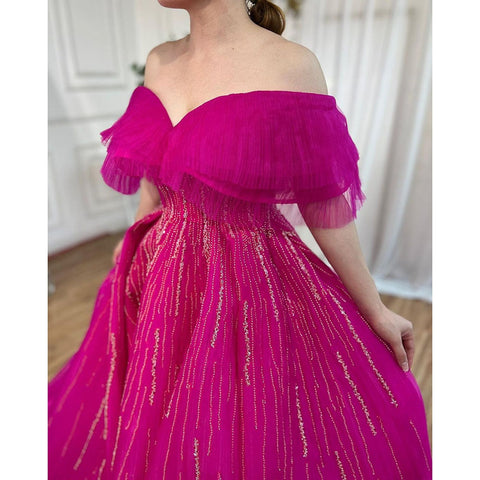 Vestido de noche de lujo fucsia corte A, escote barco, con cuentas, para mujer, modelo LA72162A 