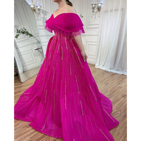 Vestido de noche de lujo fucsia corte A, escote barco, con cuentas, para mujer, modelo LA72162A 