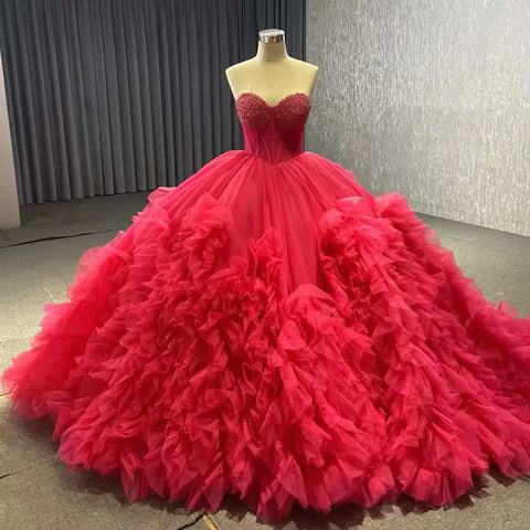 Vestido de novia de lujo fucsia elegante con escote barco, cordones, perlas y cuentas. Colección 2025. Alta gama, hecho a medida. HM231108 