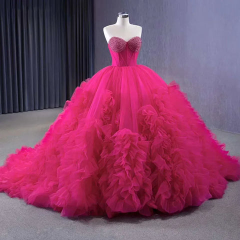 Vestido de novia de lujo fucsia elegante con escote barco, cordones, perlas y cuentas. Colección 2025. Alta gama, hecho a medida. HM231108 