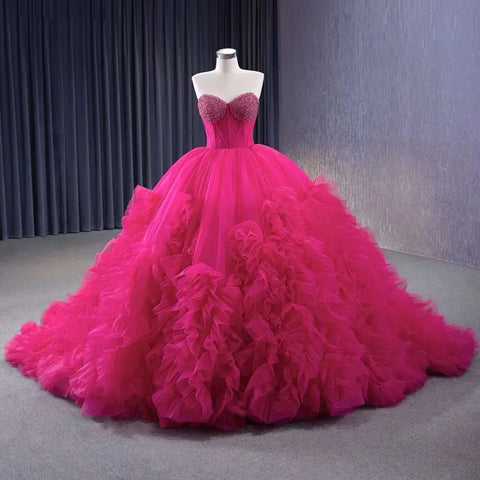 Vestido de novia de lujo fucsia elegante con escote barco, cordones, perlas y cuentas. Colección 2025. Alta gama, hecho a medida. HM231108 