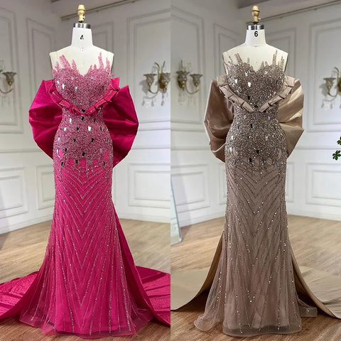 Vestidos de noche elegantes de sirena con perlas y cuentas color fucsia, colección 2025. Vestidos de gala de lujo de Dubái para mujer, ideales para fiestas. Modelo LA72263. 