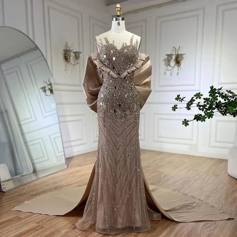 Vestidos de noche elegantes de sirena con perlas y cuentas color fucsia, colección 2025. Vestidos de gala de lujo de Dubái para mujer, ideales para fiestas. Modelo LA72263. 