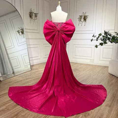 Vestidos de noche elegantes de sirena con perlas y cuentas color fucsia, colección 2025. Vestidos de gala de lujo de Dubái para mujer, ideales para fiestas. Modelo LA72263. 