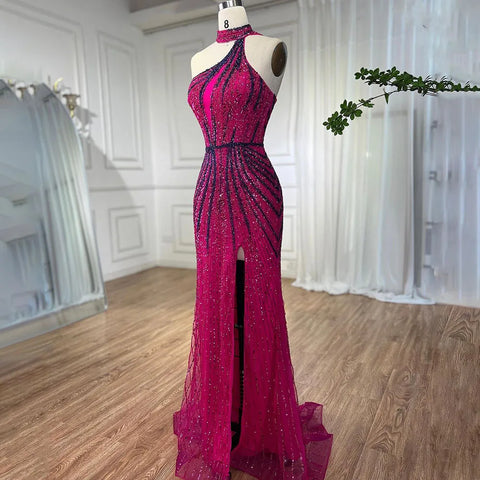 Fuchsia Halter Sleeveless Beaded Mermaid High Split Evening Dress Gown LA72092