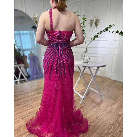 Fuchsia Halter Sleeveless Beaded Mermaid High Split Evening Dress Gown LA72092