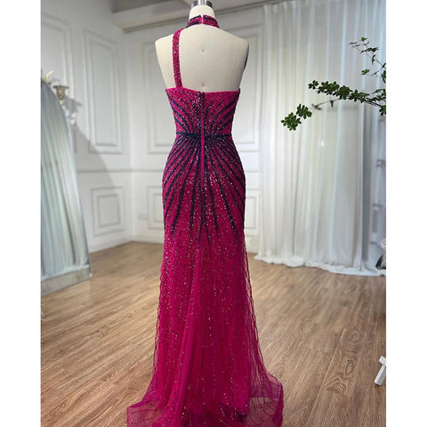 Fuchsia Halter Sleeveless Beaded Mermaid High Split Evening Dress Gown LA72092