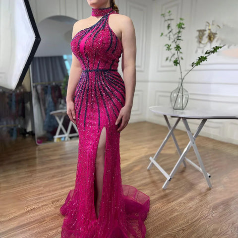 Fuchsia Halter Sleeveless Beaded Mermaid High Split Evening Dress Gown LA72092