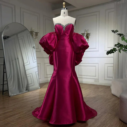 Fuchsia Mermaid Mikado Satin Strapless Balloon Sleeevs Evening Dresses Gowns For Women Wedding Party 2025 LA71923