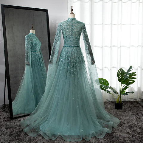 Luxury Blue Arabic Evening Dress with Cape Sleeves Plus Size LA70066B