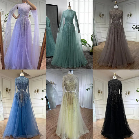 Luxury Blue Arabic Evening Dress with Cape Sleeves Plus Size LA70066B